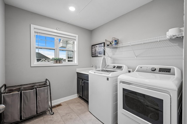 11270 Meadow View Ln, Maple Grove, MN 55311 - laundry room with visible vents, cabinet space, a sink, baseboards, and washer and clothes dryer