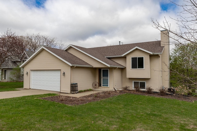 tri-level home featuring driveway, a chimney, roof with shingles, and a garage