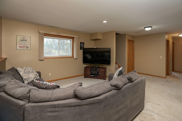 living room with baseboards and light carpet