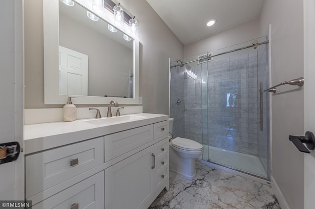 509 Superior Ave, Crosby, MN 56441 - bathroom featuring vanity, toilet, marble finish floor, recessed lighting, and a stall shower