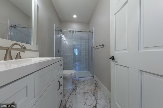 509 Superior Ave, Crosby, MN 56441 - bathroom featuring a shower stall, vanity, baseboards, toilet, and marble finish floor