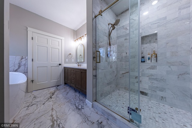 509 Superior Ave, Crosby, MN 56441 - full bath with vanity, a stall shower, a tub to relax in, and marble finish floor