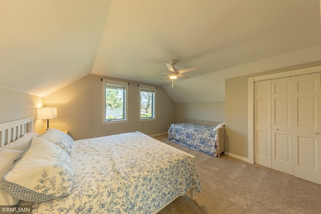 509 Superior Ave, Crosby, MN 56441 - bedroom with carpet floors, a ceiling fan, baseboards, lofted ceiling, and a closet