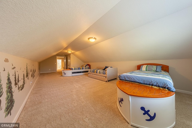 509 Superior Ave, Crosby, MN 56441 - bedroom with baseboards, light carpet, a textured ceiling, and lofted ceiling