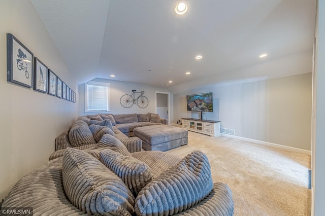 509 Superior Ave, Crosby, MN 56441 - living room with light carpet, recessed lighting, baseboards, lofted ceiling, and visible vents