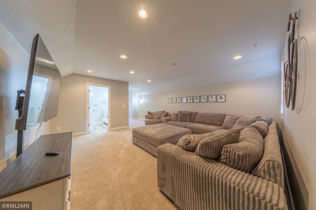 509 Superior Ave, Crosby, MN 56441 - living room with baseboards, vaulted ceiling, recessed lighting, and light colored carpet