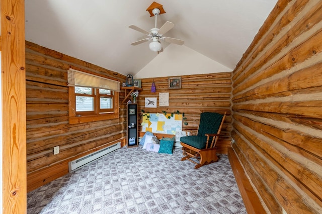 living area with carpet floors, a ceiling fan, rustic walls, lofted ceiling, and a baseboard radiator
