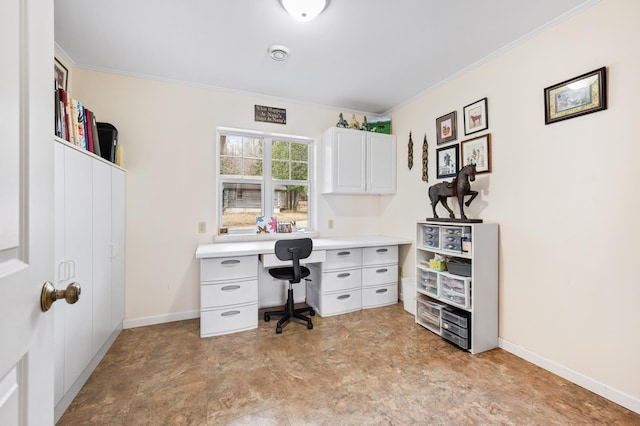 office with crown molding and baseboards