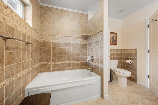 full bathroom with tile patterned flooring, crown molding, toilet, tile walls, and  shower combination