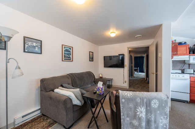 living area with a baseboard radiator and carpet flooring