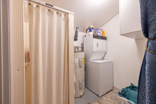 laundry room featuring water heater, laundry area, and stacked washer and clothes dryer
