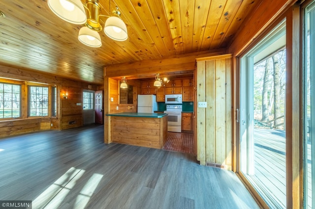 27042 Round Lake Rd, Bay Lake Twp, MN 56444 - kitchen featuring brown cabinetry, wood walls, white appliances, open floor plan, and a chandelier