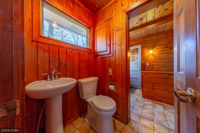 27042 Round Lake Rd, Bay Lake Twp, MN 56444 - bathroom featuring a sink, wood ceiling, toilet, and wood walls