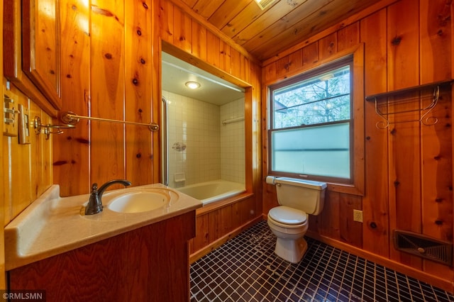 27042 Round Lake Rd, Bay Lake Twp, MN 56444 - bathroom with visible vents, toilet, wood ceiling, shower / bathing tub combination, and tile patterned floors