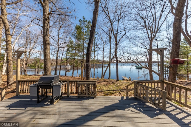 27042 Round Lake Rd, Bay Lake Twp, MN 56444 - wooden deck featuring a water view and area for grilling