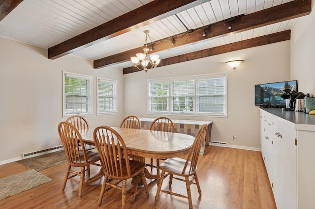 2613 Inglewood Ave S, Saint Louis Park, MN 55416 - dining room featuring light wood-style flooring, a wooden ceiling with exposed beams, and a chandelier