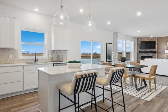kitchen featuring decorative backsplash, a fireplace, open floor plan, white cabinetry, and a sink