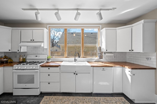 kitchen featuring a sink, white appliances, butcher block countertops, and white cabinetry