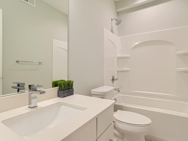 full bathroom with vanity, toilet, shower / tub combination, and visible vents