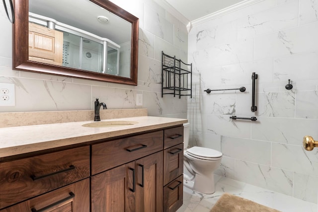 22694 Coney Island Dr, Clitherall, MN 56524 - full bathroom with vanity, a shower stall, marble finish flooring, tile walls, and ornamental molding