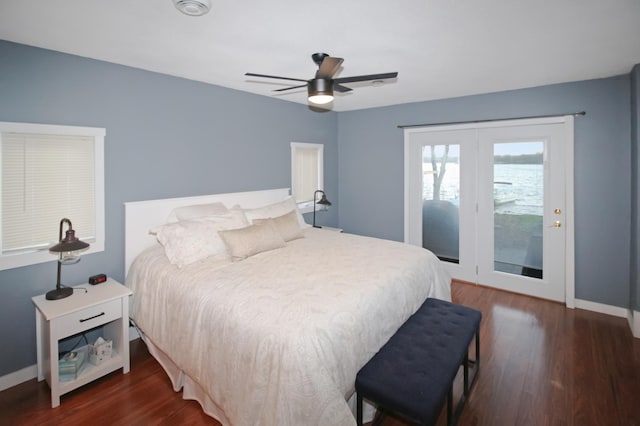 bedroom with access to outside, baseboards, a ceiling fan, and dark wood finished floors
