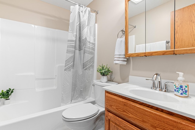 5676 Donegal Dr, Shoreview, MN 55126 - bathroom featuring toilet, shower / bathtub combination with curtain, and vanity