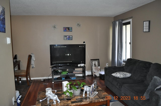 living area with baseboards, a textured ceiling, and wood finished floors