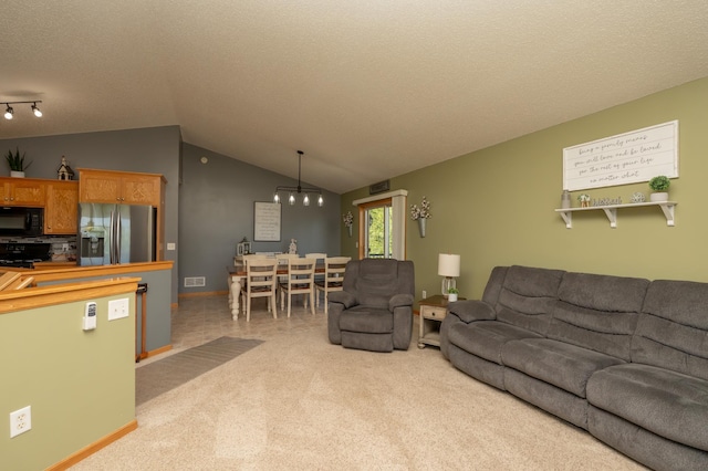 822 Emerson Ave N, Montrose, MN 55363 - living room with light carpet, vaulted ceiling, and a textured ceiling