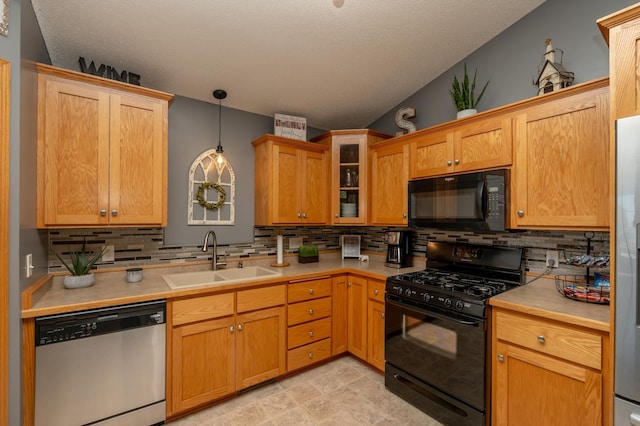 822 Emerson Ave N, Montrose, MN 55363 - kitchen featuring black appliances, a sink, light countertops, tasteful backsplash, and a textured ceiling
