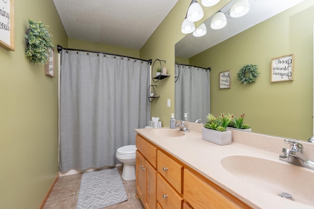 822 Emerson Ave N, Montrose, MN 55363 - full bath featuring toilet, double vanity, a textured ceiling, curtained shower, and tile patterned flooring