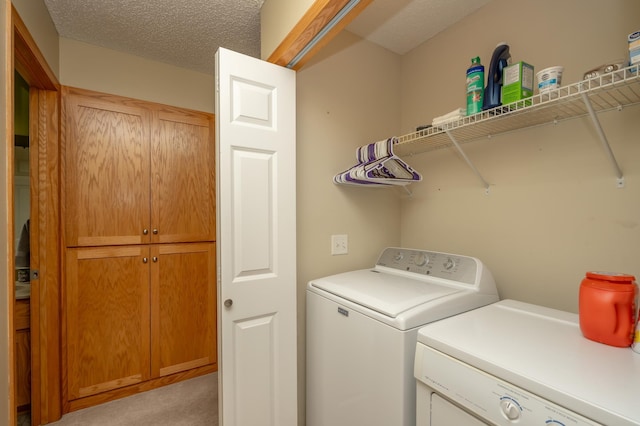 822 Emerson Ave N, Montrose, MN 55363 - laundry area featuring separate washer and dryer, light carpet, and a textured ceiling