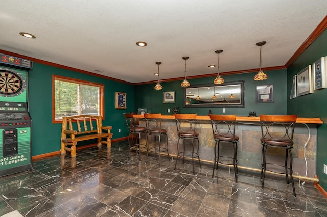 822 Emerson Ave N, Montrose, MN 55363 - indoor wet bar featuring baseboards, crown molding, recessed lighting, marble finish floors, and hanging light fixtures