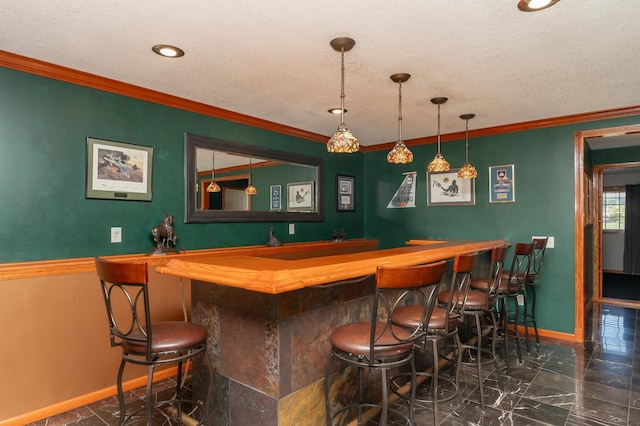822 Emerson Ave N, Montrose, MN 55363 - indoor wet bar with baseboards, a textured ceiling, ornamental molding, recessed lighting, and marble finish floors