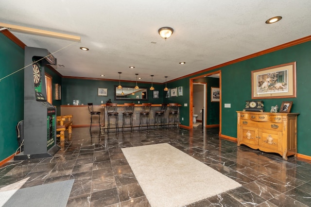 822 Emerson Ave N, Montrose, MN 55363 - interior space with baseboards, ornamental molding, a community bar, recessed lighting, and marble finish floors