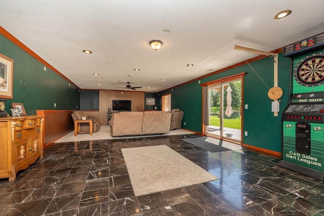 822 Emerson Ave N, Montrose, MN 55363 - living room featuring crown molding, baseboards, a ceiling fan, recessed lighting, and marble finish floors