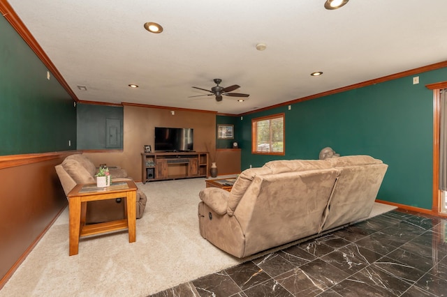 822 Emerson Ave N, Montrose, MN 55363 - living room featuring ornamental molding, a ceiling fan, baseboards, marble look tile flooring, and recessed lighting