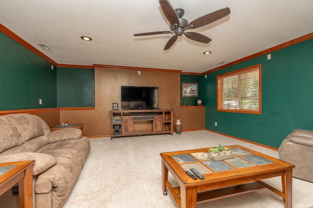 822 Emerson Ave N, Montrose, MN 55363 - carpeted living area featuring a ceiling fan, crown molding, baseboards, and recessed lighting