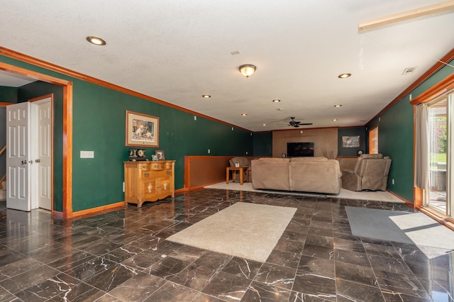 822 Emerson Ave N, Montrose, MN 55363 - living area featuring baseboards, ornamental molding, ceiling fan, marble finish floors, and recessed lighting