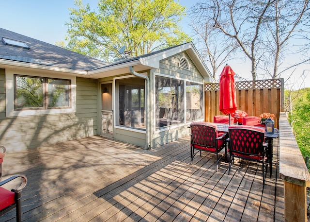 wooden terrace featuring outdoor dining area and fence