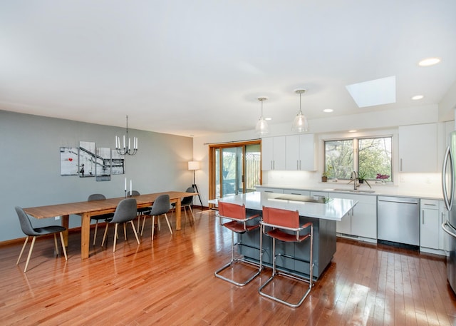 kitchen featuring stainless steel appliances, a sink, a kitchen island, light countertops, and white cabinetry