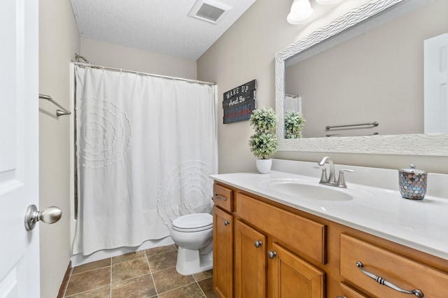 full bath featuring toilet, a textured ceiling, visible vents, and vanity