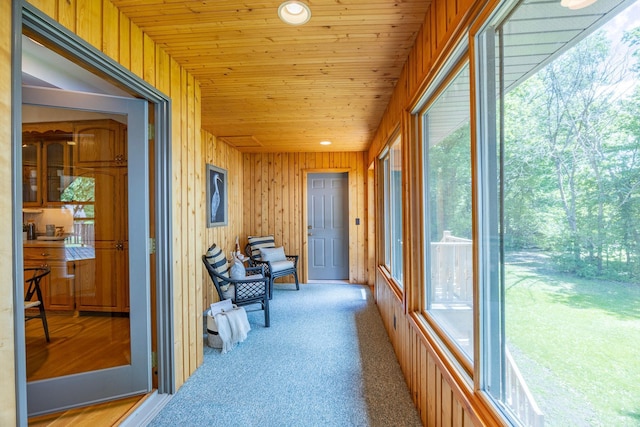 344 Barker St, Hastings, MN 55033 - sunroom featuring wooden walls, plenty of natural light, carpet flooring, and wooden ceiling