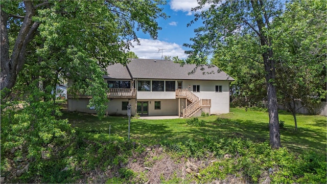 344 Barker St, Hastings, MN 55033 - rear view of property with stairs, stucco siding, a yard, a wooden deck, and a patio