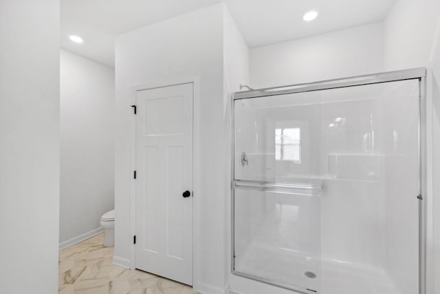 7247 Parquet Ave NE, Otsego, MN 55330 - bathroom with recessed lighting, a shower stall, toilet, and marble finish floor