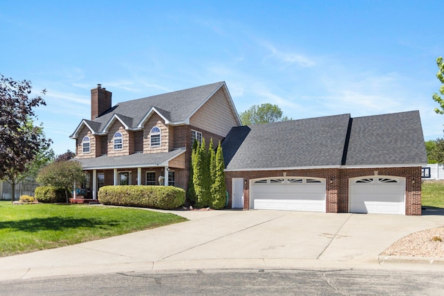 2606 Hulett Ct, Faribault, MN 55021 - view of front of home with a garage, a front yard, driveway, brick siding, and a chimney