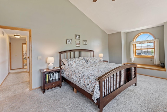 2606 Hulett Ct, Faribault, MN 55021 - bedroom featuring carpet floors, baseboards, ceiling fan, and high vaulted ceiling