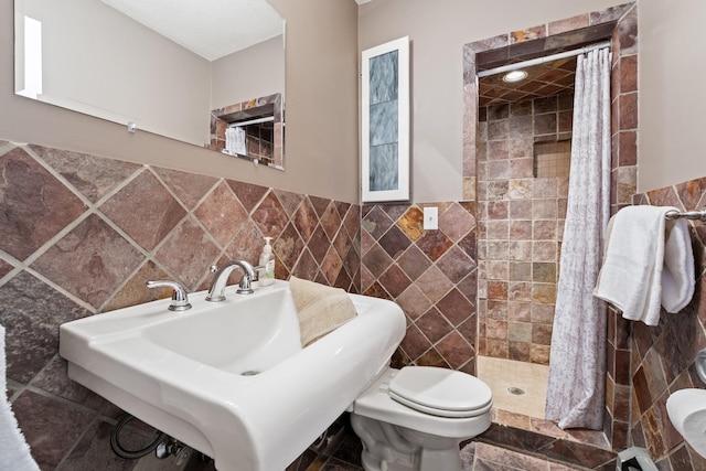 bathroom featuring toilet, tile walls, a shower stall, and a sink
