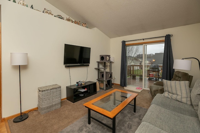 carpeted living area featuring baseboards, a textured ceiling, and lofted ceiling