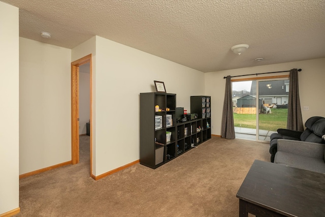 carpeted living area with a textured ceiling and baseboards