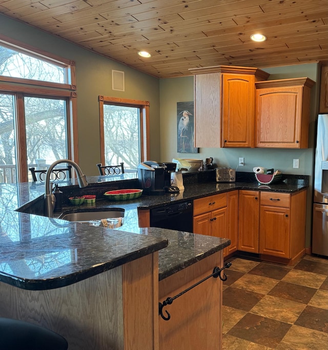 79317 355th St, Clinton, MN 56225 - kitchen with a sink, dishwasher, wood ceiling, stainless steel fridge, and recessed lighting